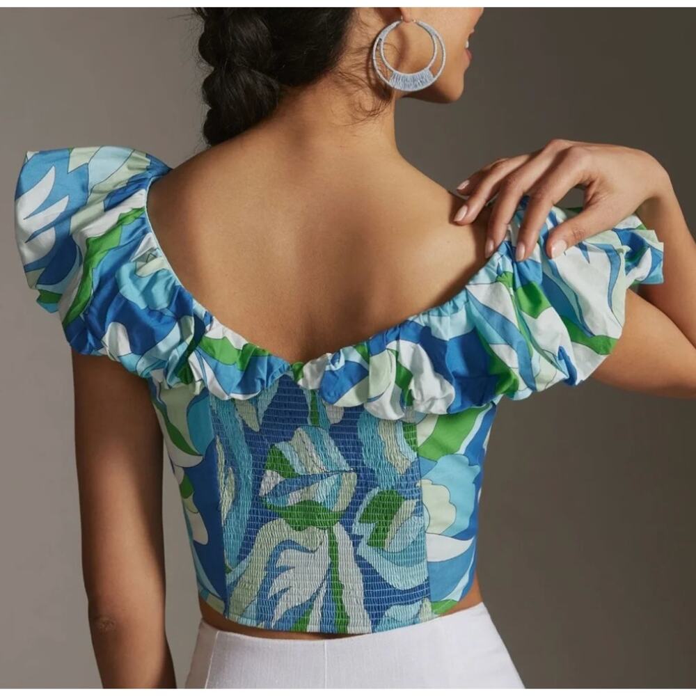 Maeve Anthropologie Ruffle-Sleeve Cropped Blouse Blue Floral Crop Top Size XL - Picture 4 of 11